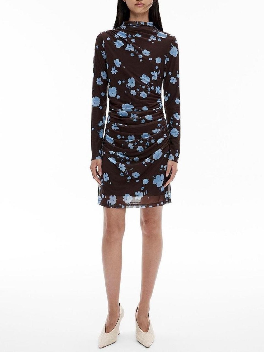 Floral Ruched Long-Sleeve Mini Dress - Black with Blue Floral